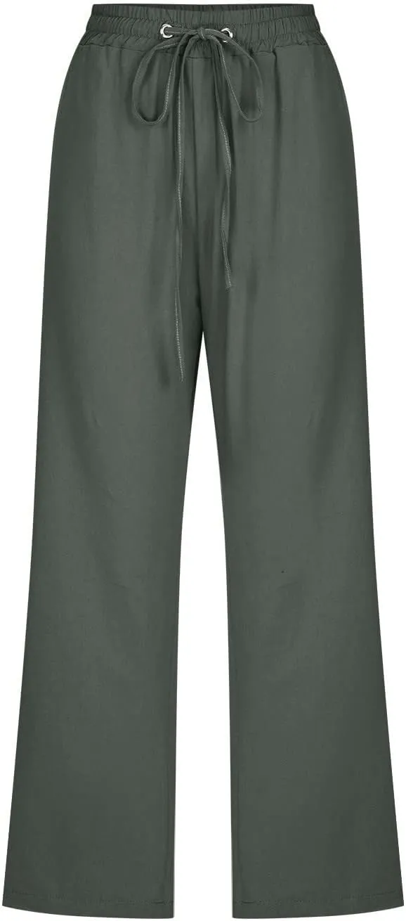 YOLAI Capri Pants for Women Casual Summer Drawstring Elastic High Waist Linen Pant Straight Wide Leg Cropped Trouser