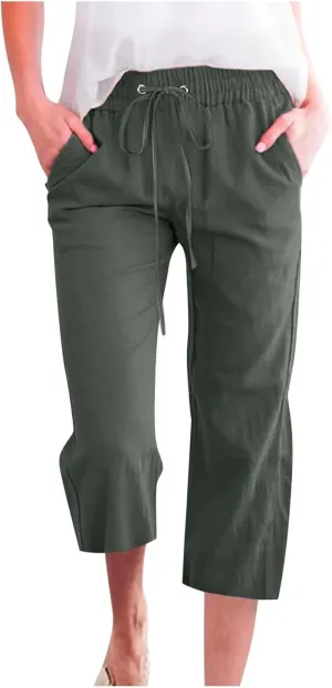 YOLAI Capri Pants for Women Casual Summer Drawstring Elastic High Waist Linen Pant Straight Wide Leg Cropped Trouser