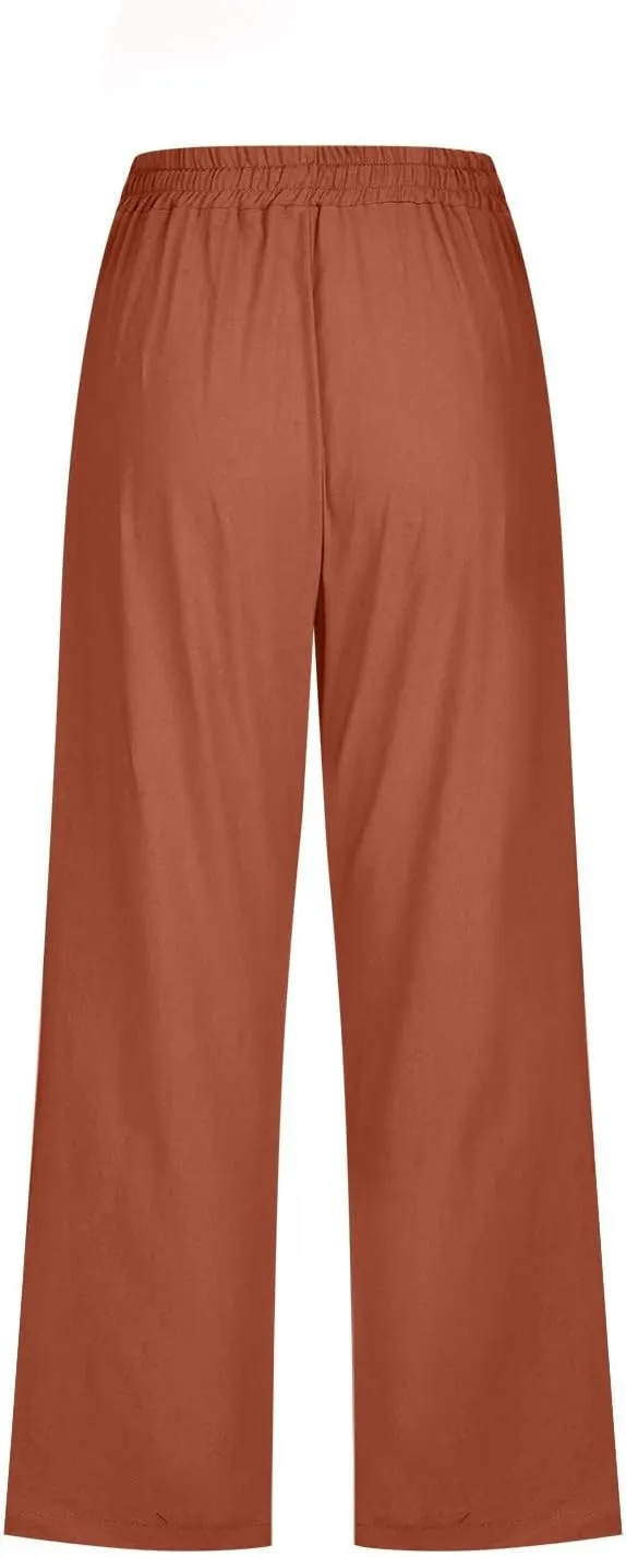 YOLAI Capri Pants for Women Casual Summer Drawstring Elastic High Waist Linen Pant Straight Wide Leg Cropped Trouser