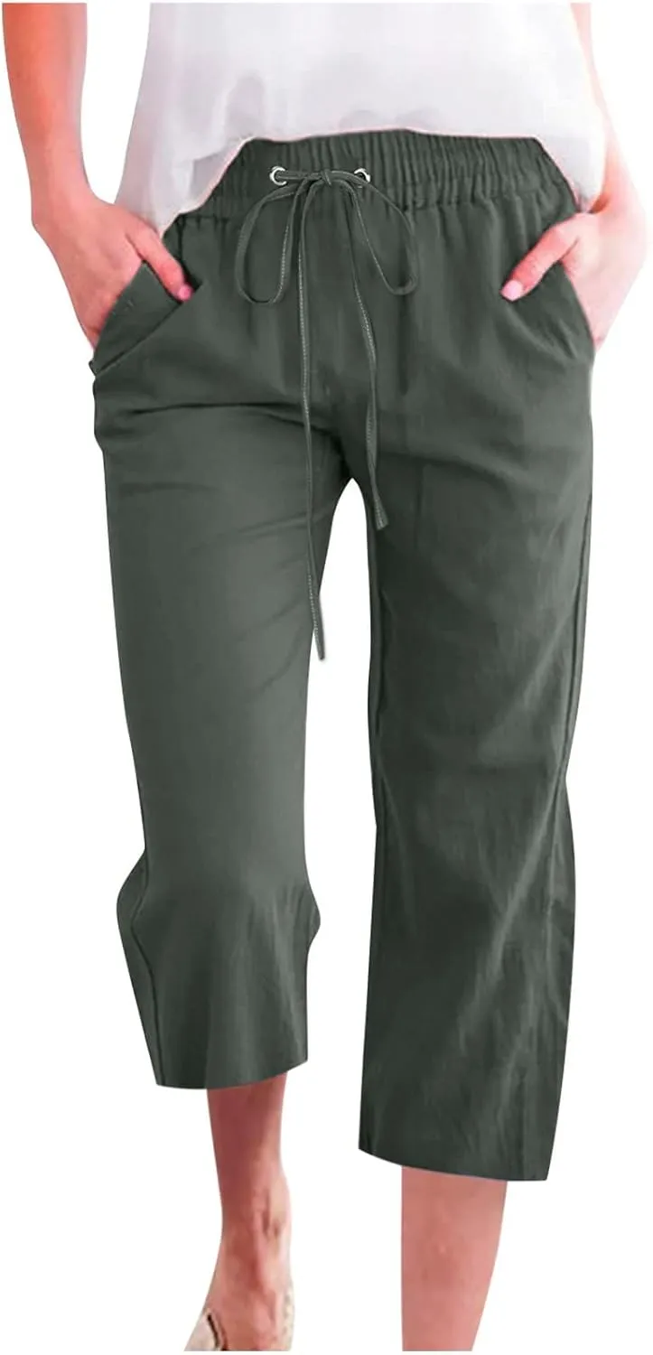 YOLAI Capri Pants for Women Casual Summer Drawstring Elastic High Waist Linen Pant Straight Wide Leg Cropped Trouser