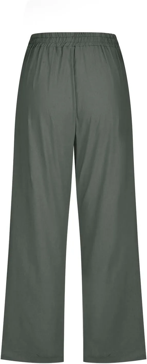 YOLAI Capri Pants for Women Casual Summer Drawstring Elastic High Waist Linen Pant Straight Wide Leg Cropped Trouser