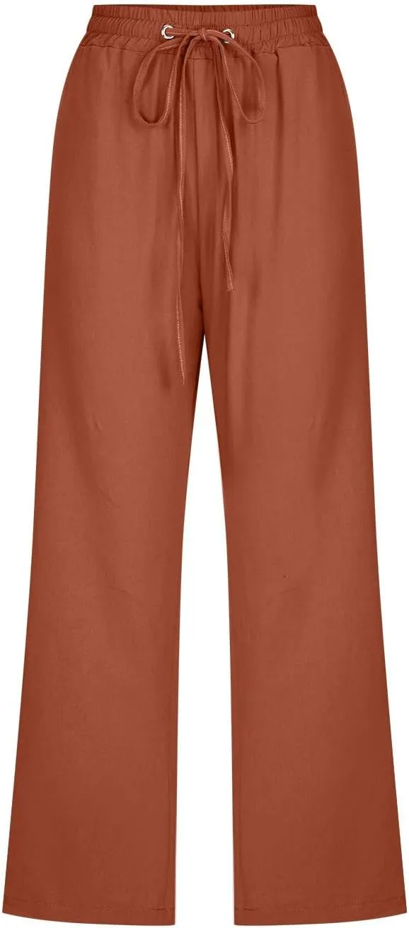YOLAI Capri Pants for Women Casual Summer Drawstring Elastic High Waist Linen Pant Straight Wide Leg Cropped Trouser