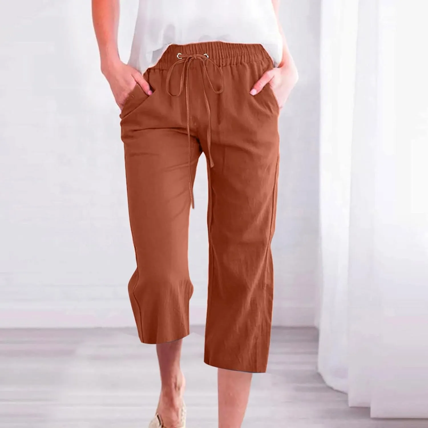 YOLAI Capri Pants for Women Casual Summer Drawstring Elastic High Waist Linen Pant Straight Wide Leg Cropped Trouser