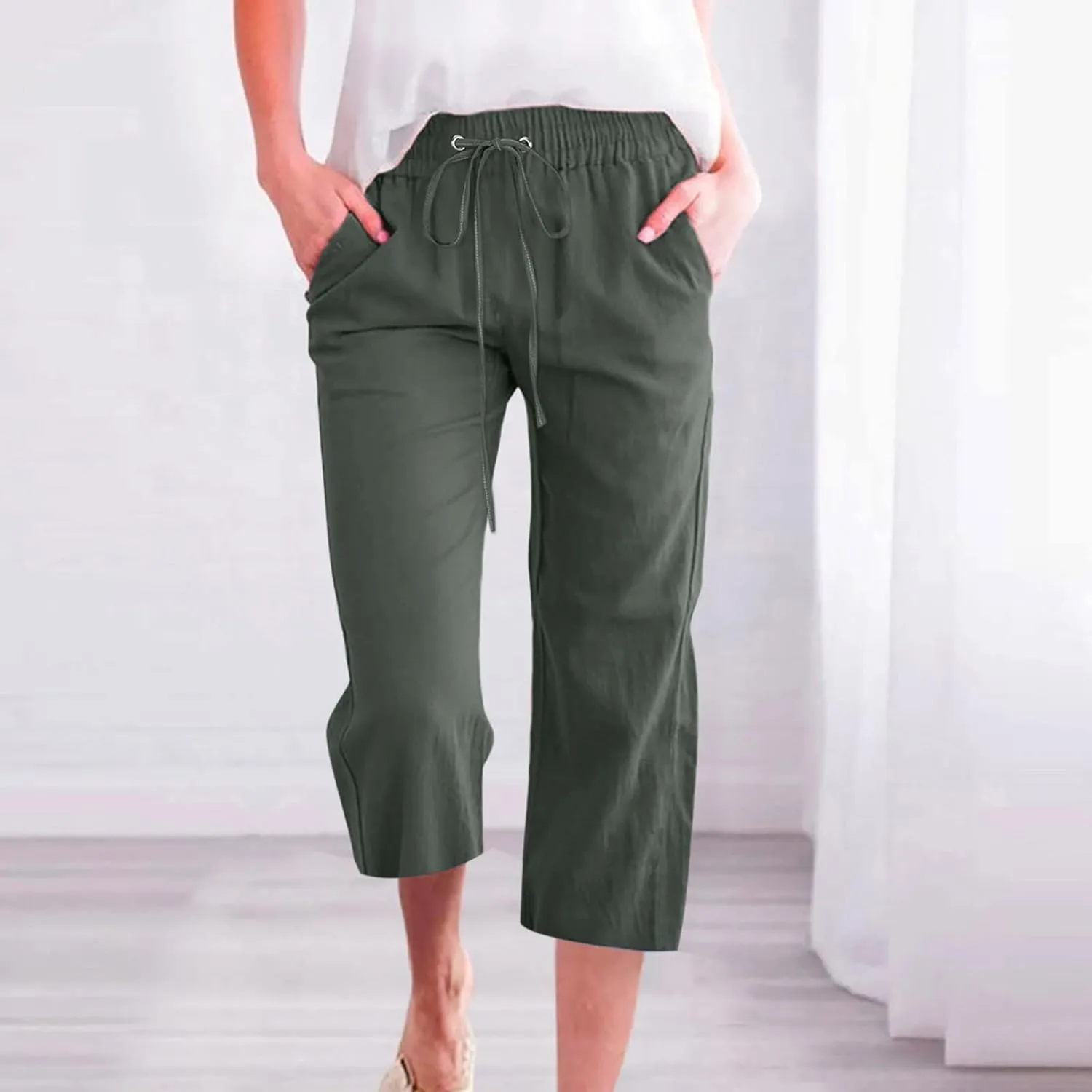 YOLAI Capri Pants for Women Casual Summer Drawstring Elastic High Waist Linen Pant Straight Wide Leg Cropped Trouser