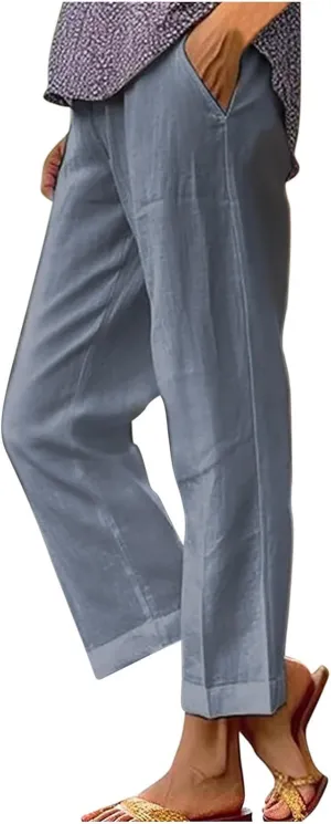 YRAETENM Cropped Linen Pants Women Elastic Waist Straight Leg Cotton Pants Casual Beach Summer Slacks Trousers with Pockets