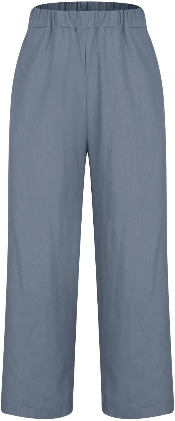 YRAETENM Cropped Linen Pants Women Elastic Waist Straight Leg Cotton Pants Casual Beach Summer Slacks Trousers with Pockets