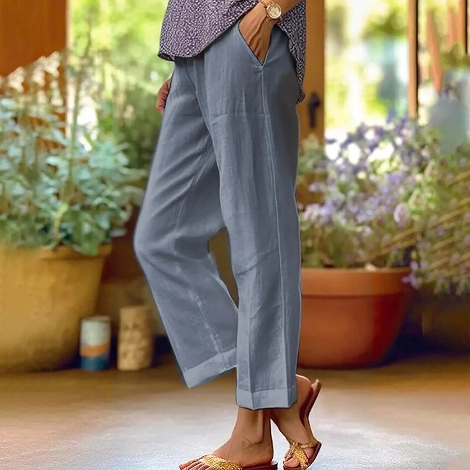 YRAETENM Cropped Linen Pants Women Elastic Waist Straight Leg Cotton Pants Casual Beach Summer Slacks Trousers with Pockets