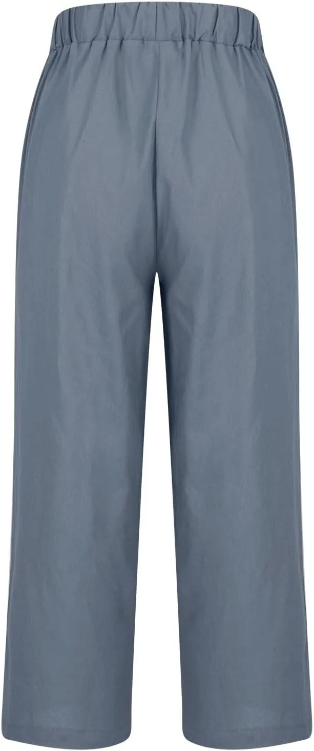 YRAETENM Cropped Linen Pants Women Elastic Waist Straight Leg Cotton Pants Casual Beach Summer Slacks Trousers with Pockets