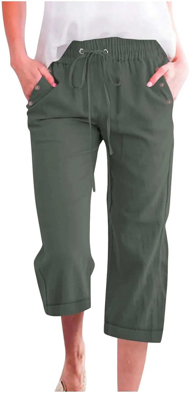YRAETENM Linen Capri Pants for Women Summer Drawstring Elastic High Waist Cotton Pants Comfy Wide Leg Plus Size Lounge Capris