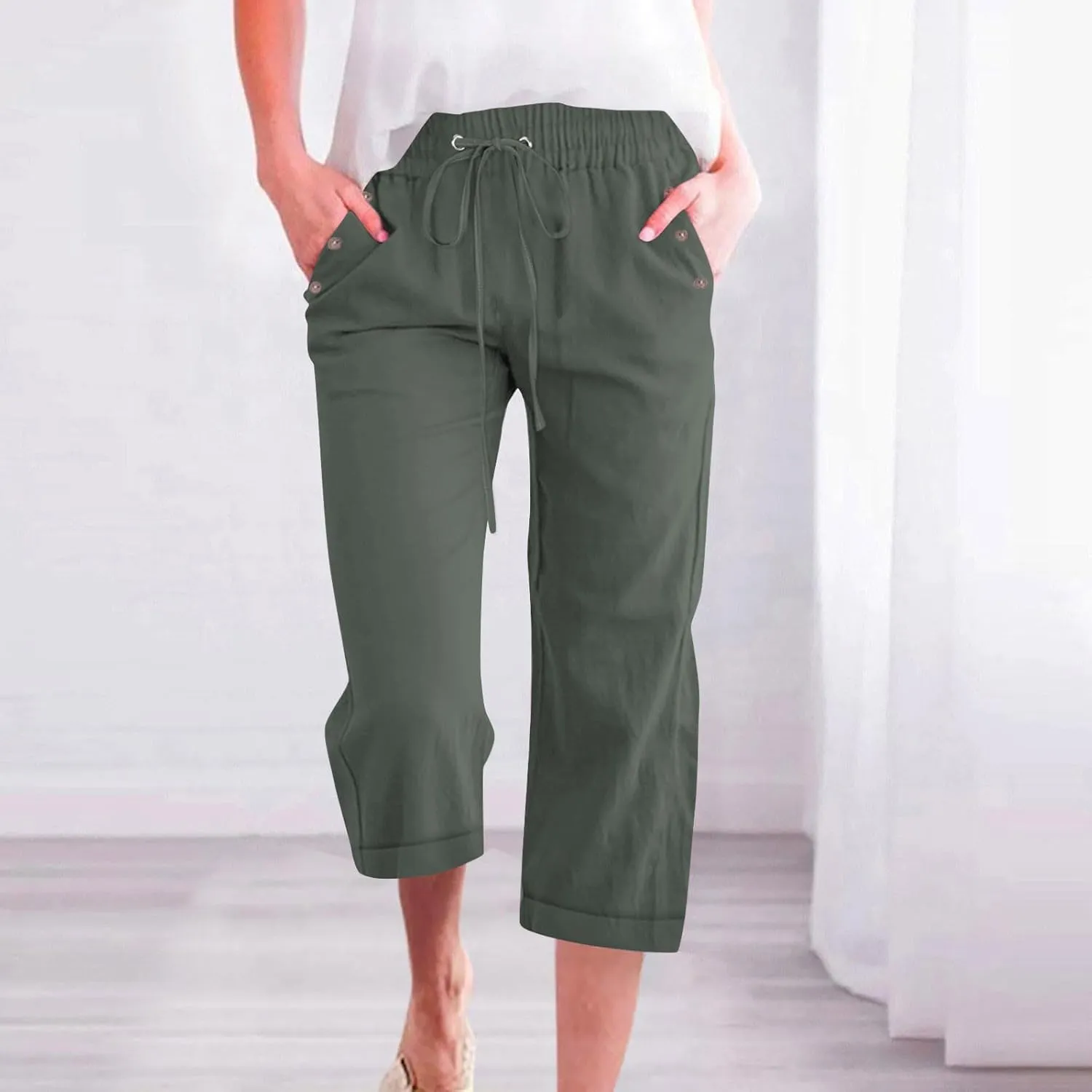 YRAETENM Linen Capri Pants for Women Summer Drawstring Elastic High Waist Cotton Pants Comfy Wide Leg Plus Size Lounge Capris