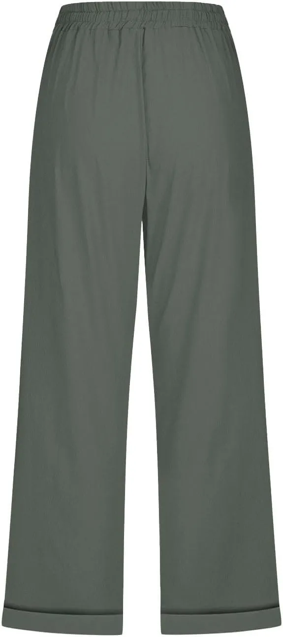 YRAETENM Linen Capri Pants for Women Summer Drawstring Elastic High Waist Cotton Pants Comfy Wide Leg Plus Size Lounge Capris