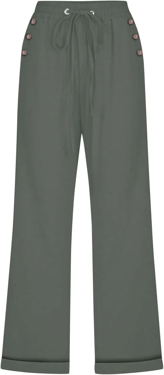 YRAETENM Linen Capri Pants for Women Summer Drawstring Elastic High Waist Cotton Pants Comfy Wide Leg Plus Size Lounge Capris