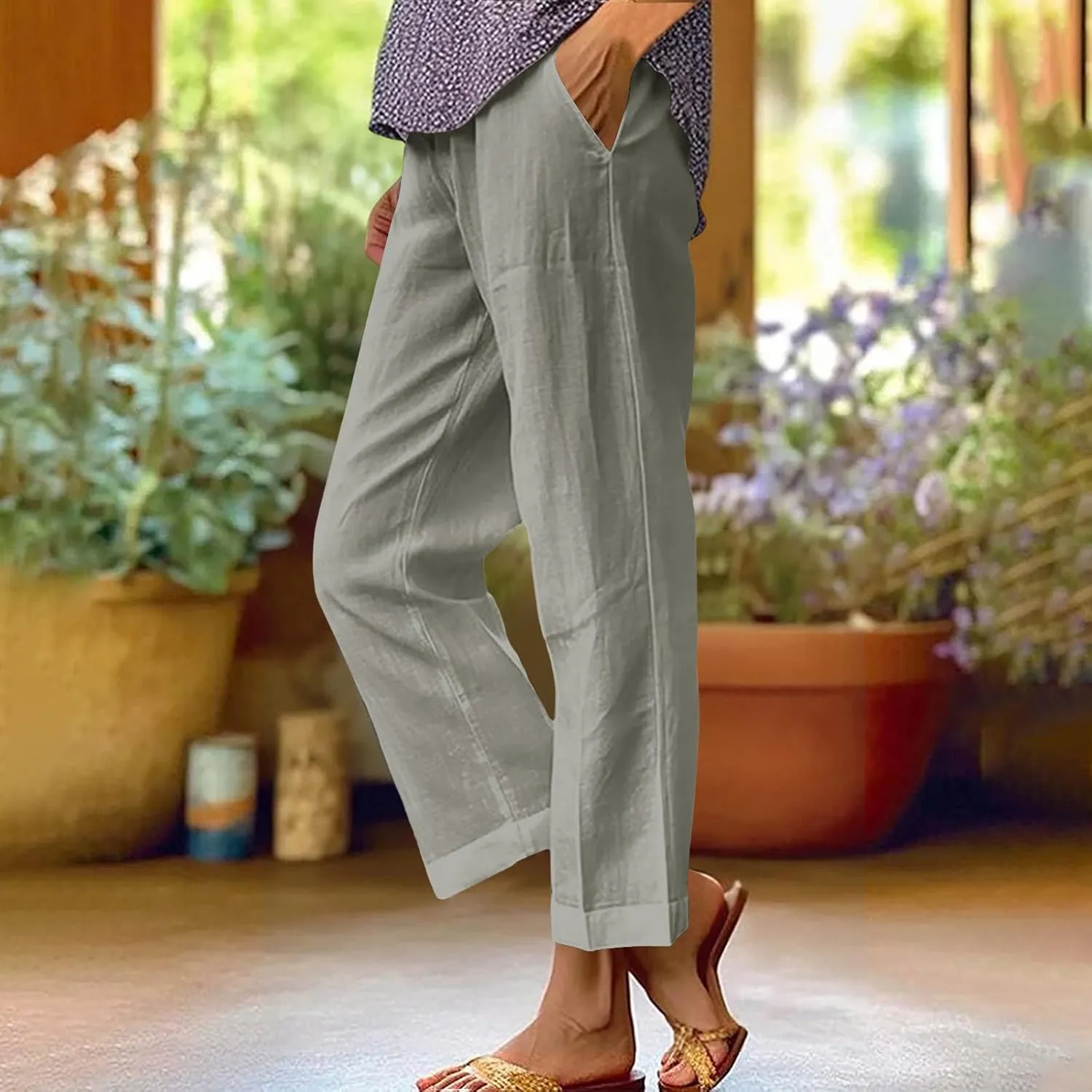 YRAETENM Linen Pants for Women Summer High Waist Elastic Straight Leg Lounge Pants Casual Loose Lightweight Beach Trousers