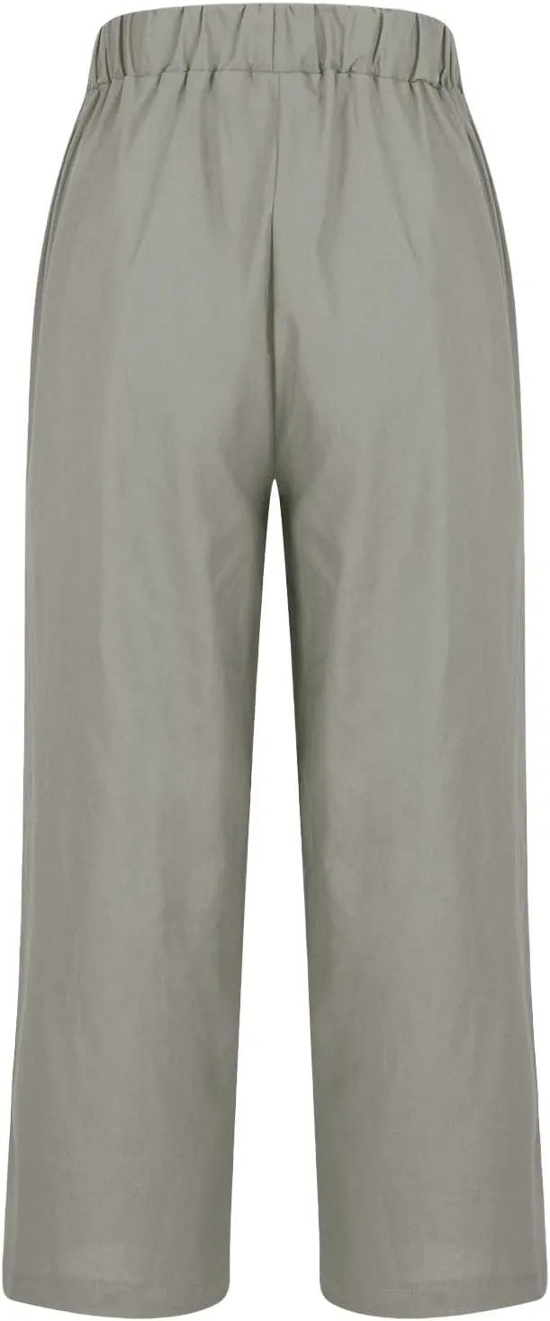 YRAETENM Linen Pants for Women Summer High Waist Elastic Straight Leg Lounge Pants Casual Loose Lightweight Beach Trousers