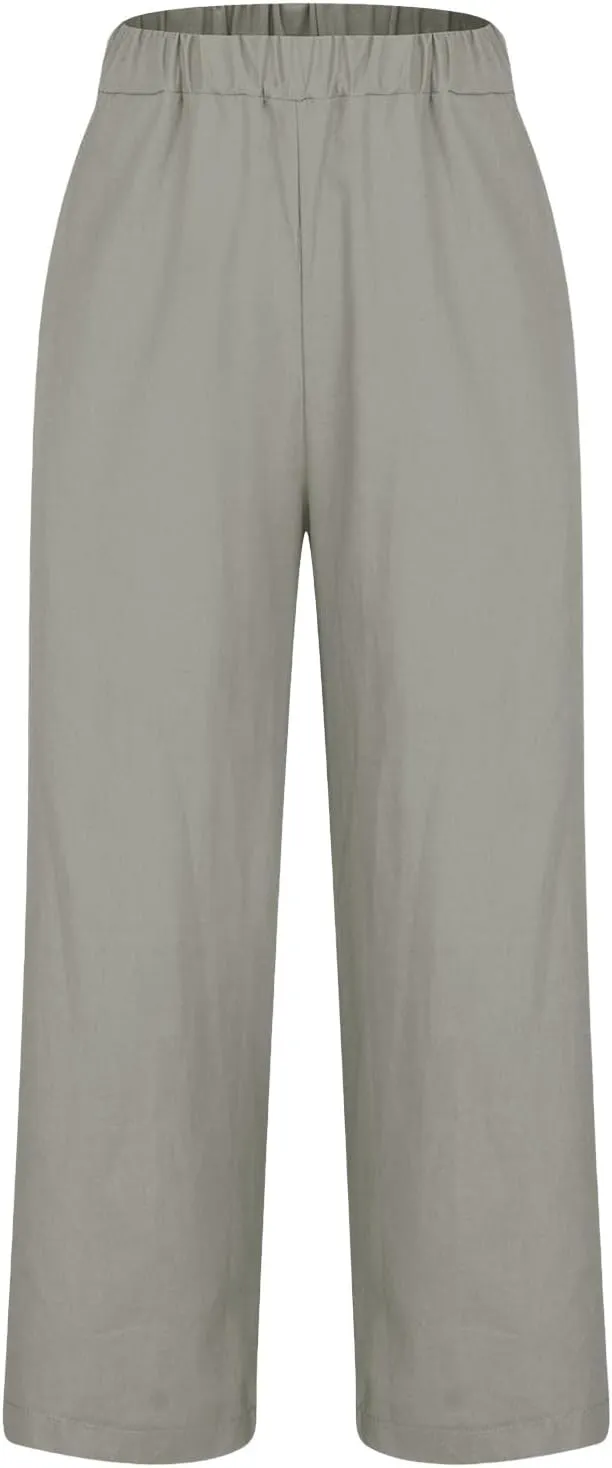 YRAETENM Linen Pants for Women Summer High Waist Elastic Straight Leg Lounge Pants Casual Loose Lightweight Beach Trousers