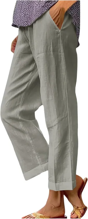 YRAETENM Linen Pants for Women Summer High Waist Elastic Straight Leg Lounge Pants Casual Loose Lightweight Beach Trousers