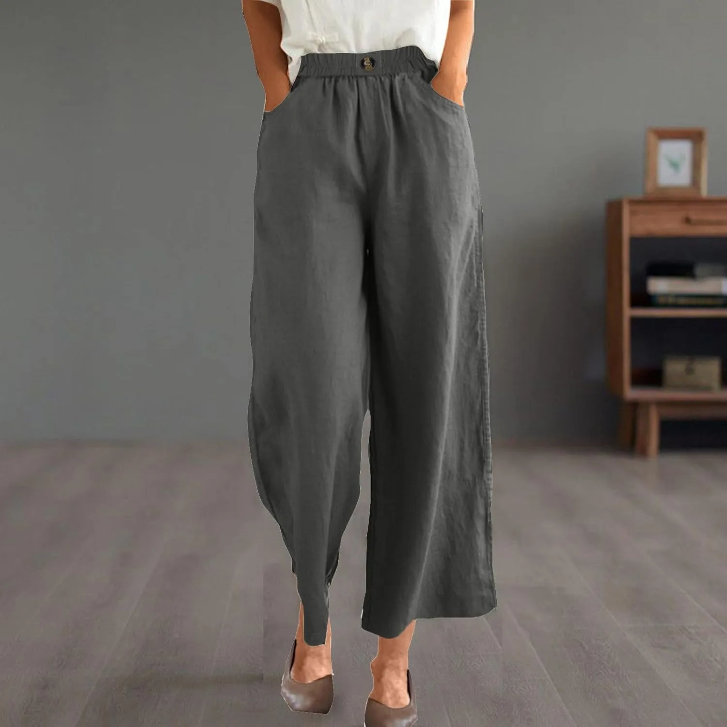 YRAETENM Womens Linen Pants High Waisted Lounge Pants Casual Wide Leg Pants Plus Size Baggy Slacks Trousers with Pockets