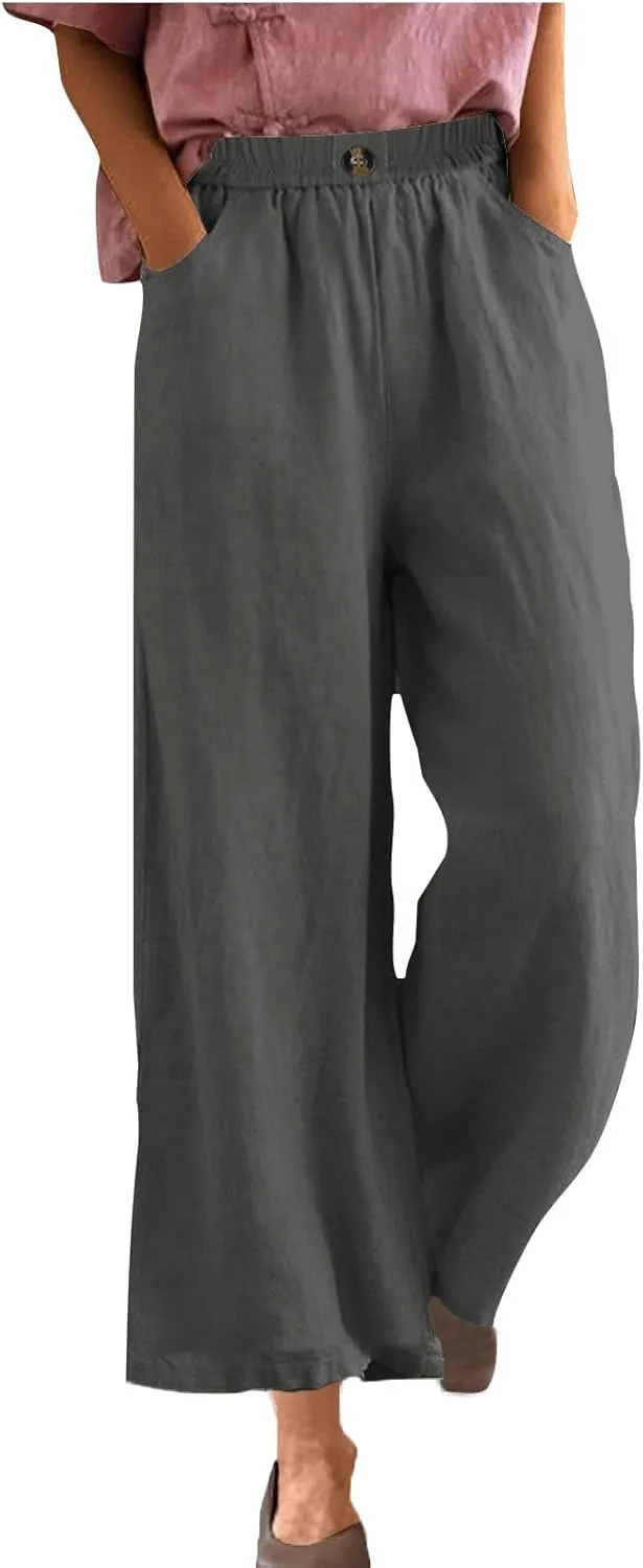 YRAETENM Womens Linen Pants High Waisted Lounge Pants Casual Wide Leg Pants Plus Size Baggy Slacks Trousers with Pockets