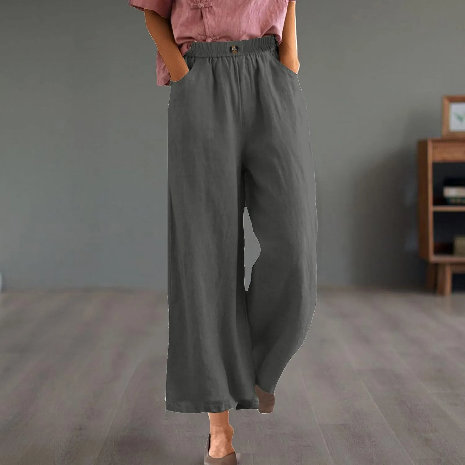 YRAETENM Womens Linen Pants High Waisted Lounge Pants Casual Wide Leg Pants Plus Size Baggy Slacks Trousers with Pockets