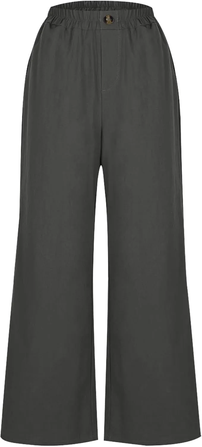 YRAETENM Womens Linen Pants High Waisted Lounge Pants Casual Wide Leg Pants Plus Size Baggy Slacks Trousers with Pockets