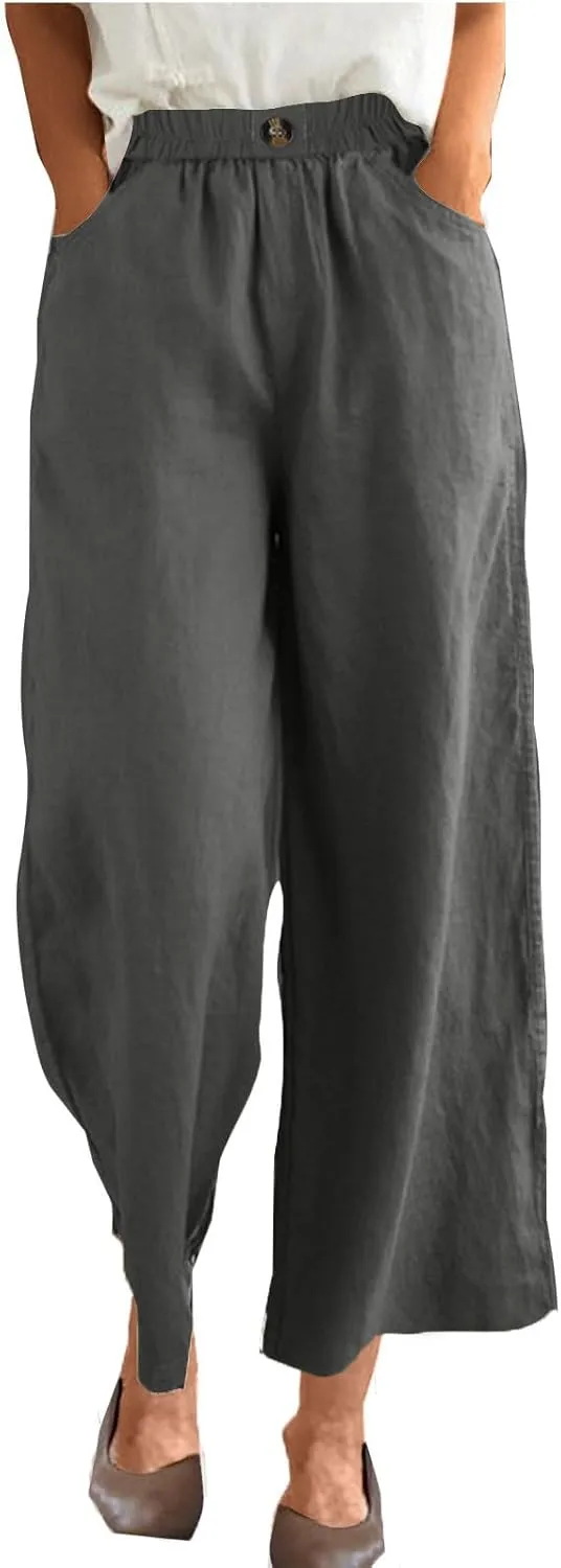 YRAETENM Womens Linen Pants High Waisted Lounge Pants Casual Wide Leg Pants Plus Size Baggy Slacks Trousers with Pockets