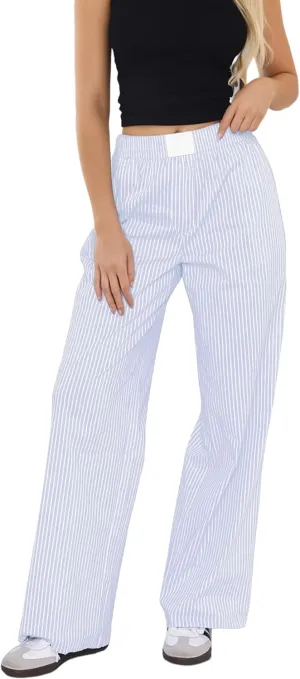 Ythomm Womens Striped Lounge Pants Low Waist Elastic Wide Leg Y2k Casual Boxer Trousers Loose Fit Pajama Pants with Pockets