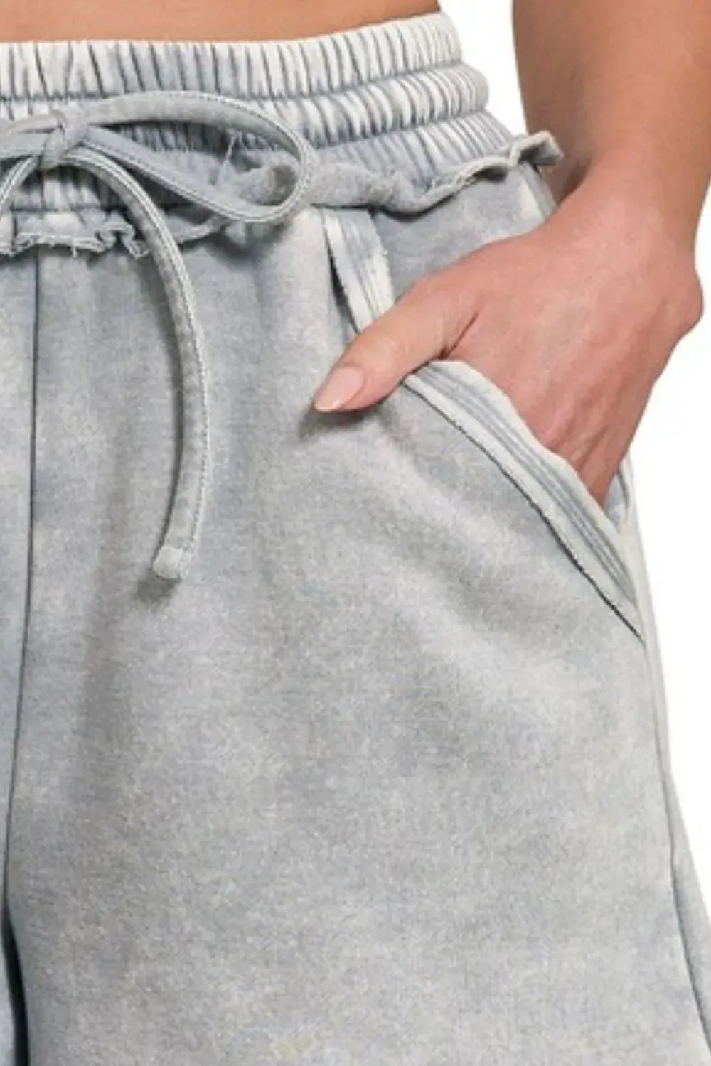 Zenana Acid Wash Fleece Drawstring Shorts With Pockets